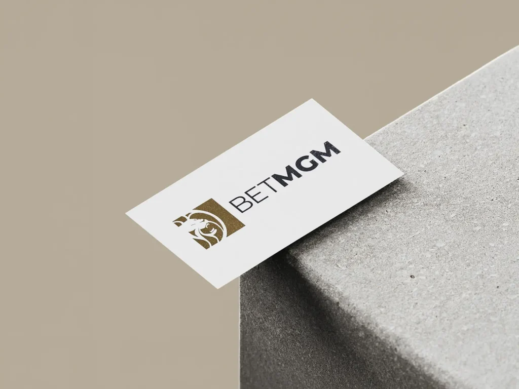 Branded business cards for BetMGM on 18pt premium cardstock, leaning against a grey stone ledge to showcase the clean professional finish.