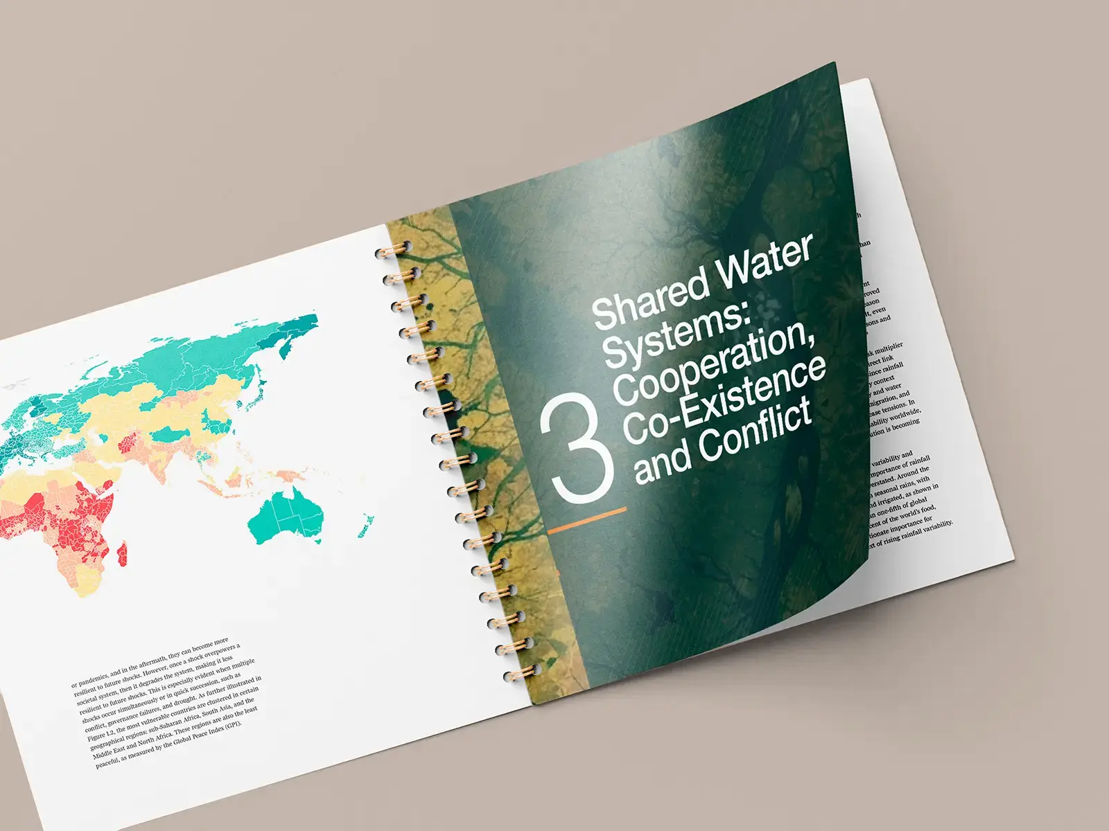Detailed interior of a spiral-bound global research report with high-resolution color maps, printed at our Manhattan facility on 80lb gloss text stock.