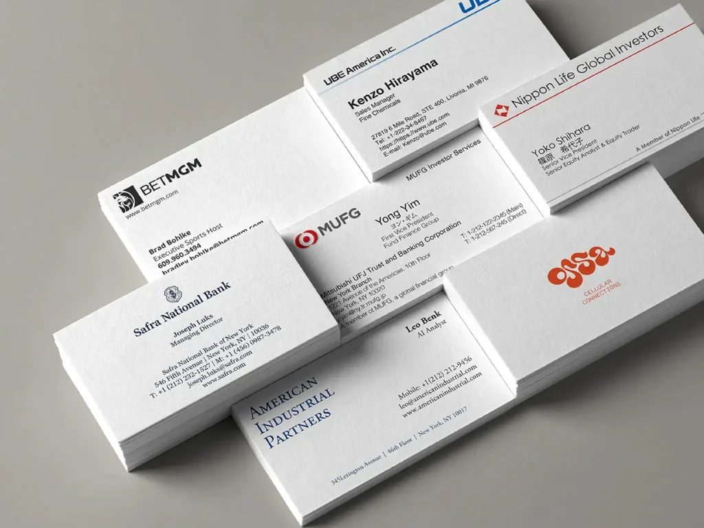 A volume-ready stack of corporate business cards for global firms like MUFG and Safra, produced at our NYC print shop using high-speed, high-fidelity printing technology.