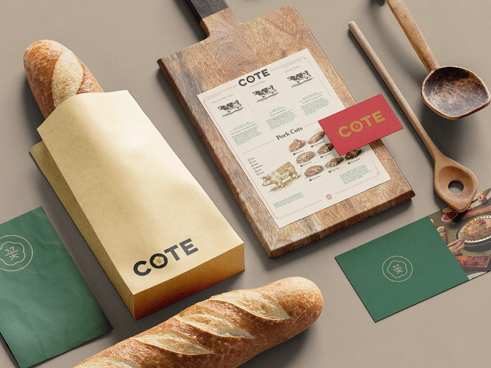 Premium hospitality packaging including a custom printed paper takeout bag and menu board, locally printed in NYC for our restaurant clients.