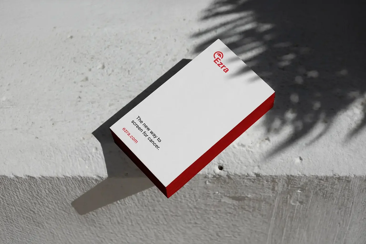 Minimalist white business cards for Ezra featuring striking red painted edges, stacked on a stone surface to emphasize the premium paper thickness.