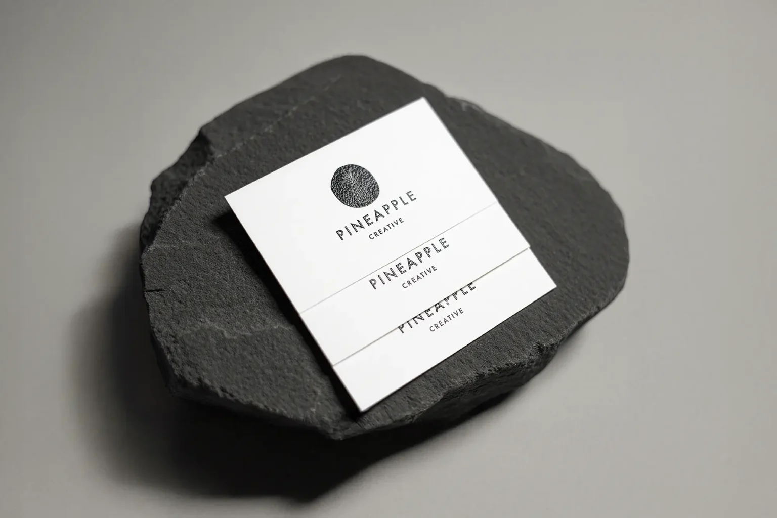 Custom thermography business cards for Pineapple Creative featuring black raised ink on premium white cardstock, displayed on a natural slate stone at our NYC print shop.