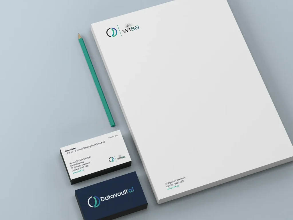 Full corporate stationery suite including letterheads and business cards on 130lb Classic Crest paper, locally printed at our Manhattan shop for enterprise brand consistency.