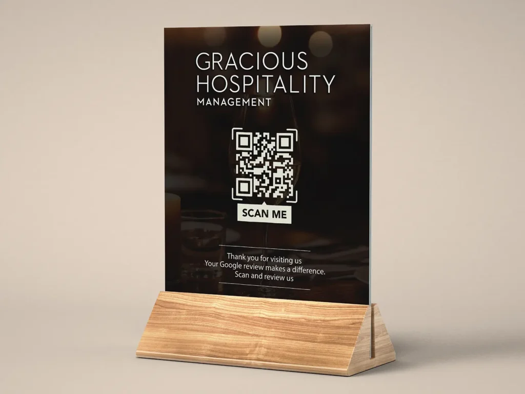 Tabletop QR code menu display for a NYC restaurant, printed on 18pt matte cardstock and mounted in a light wood base for a modern guest experience.