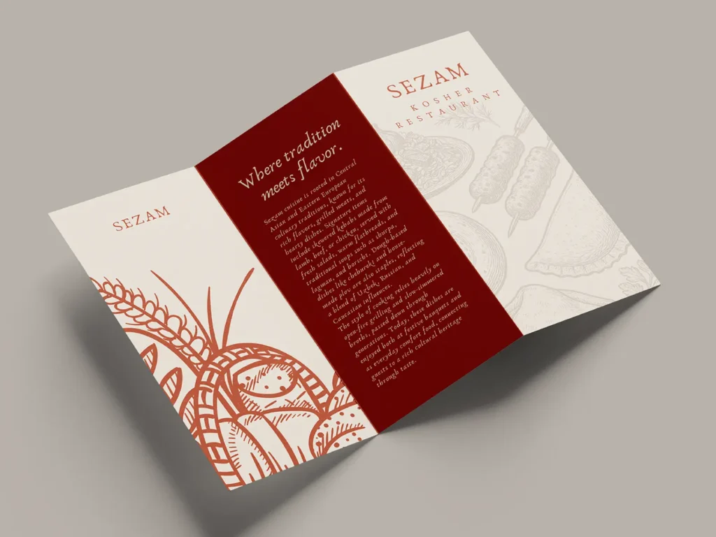 Elegant Mediterranean restaurant menu with red accents and illustrated graphics, designed and printed at our Manhattan facility.