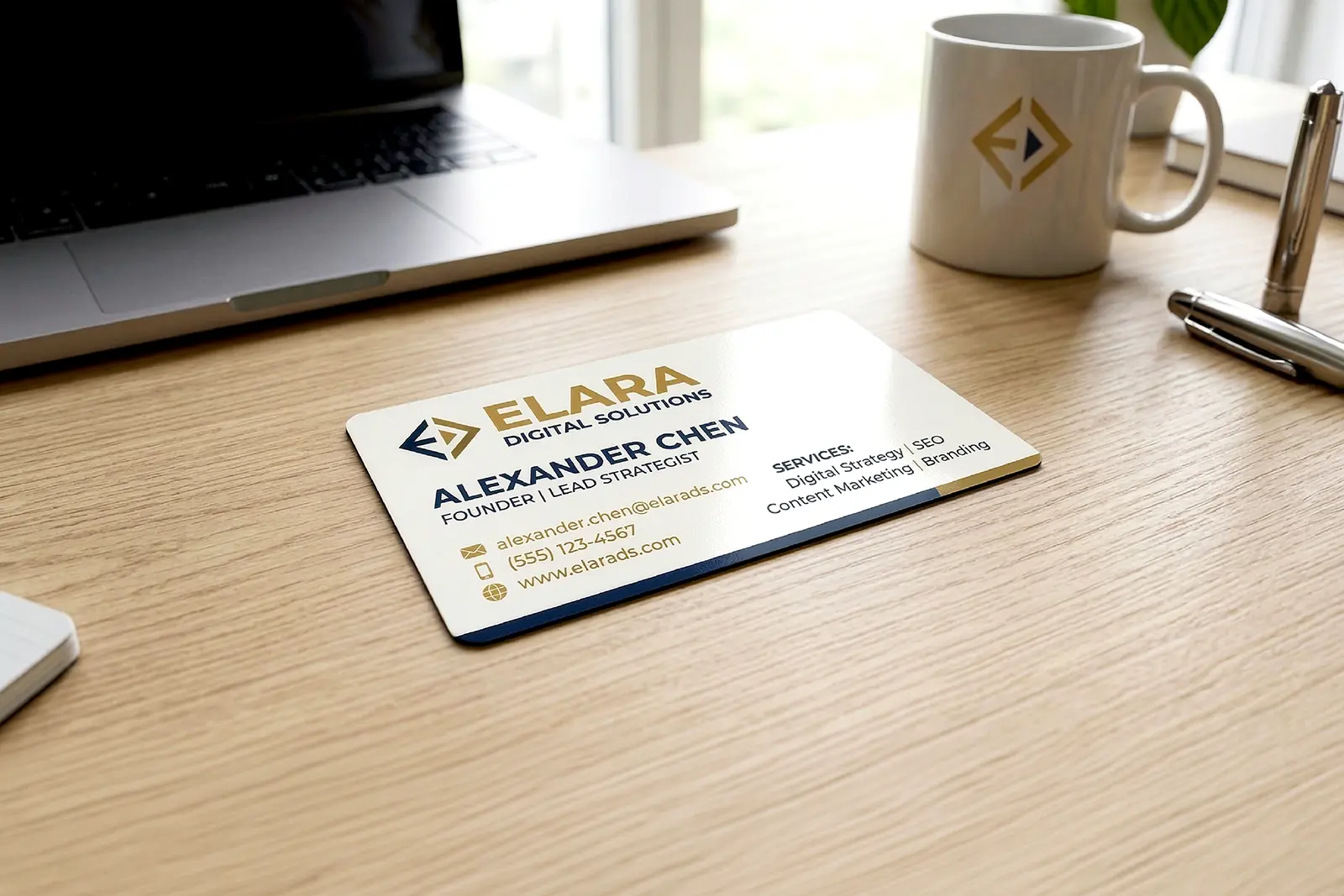Elara Digital Solutions business cards displayed on a wooden desk, showcasing our high-quality next-day printing service for fast-paced NYC businesses.