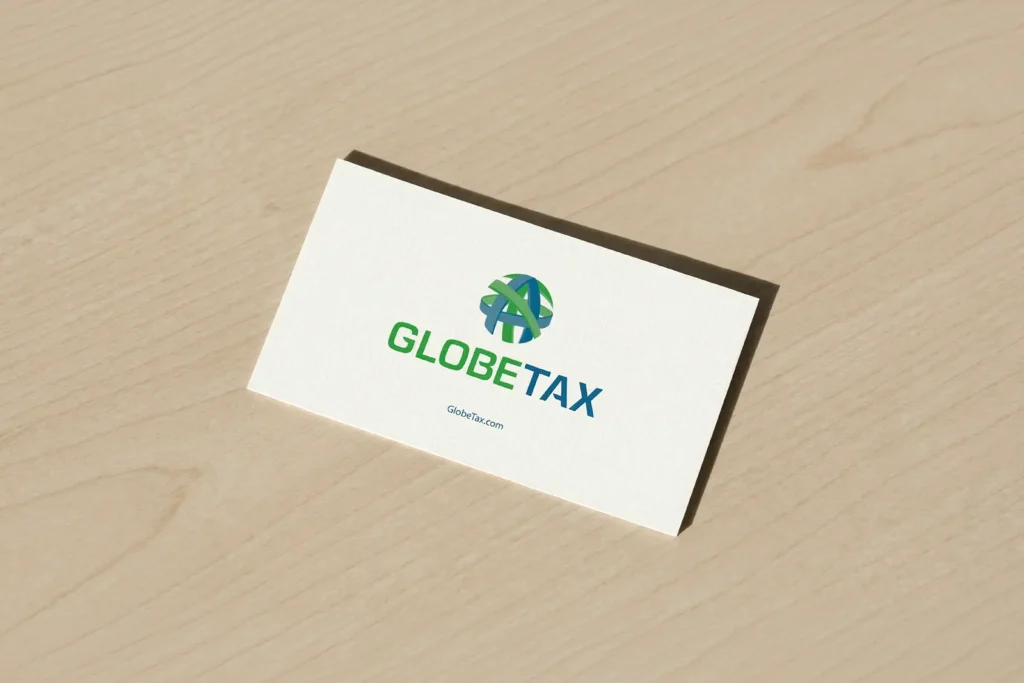 GlobeTax business card featuring a green and blue logo on a light wood surface, printed on 13pt Linen paper using our premium rush service at our local Manhattan-based facility.