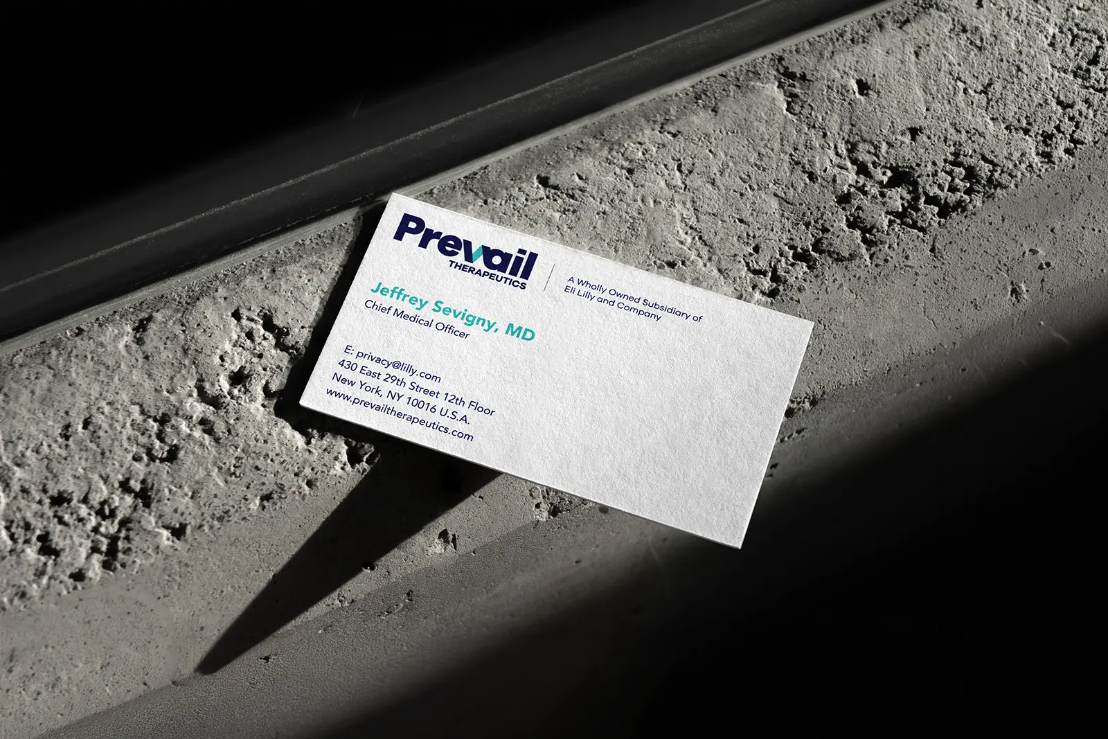 White 17pt mohawk superfine eggshell rush business card for Prevail Therapeutics featuring sharp blue and teal printing, available for same-day turnaround at our NYC print shop.