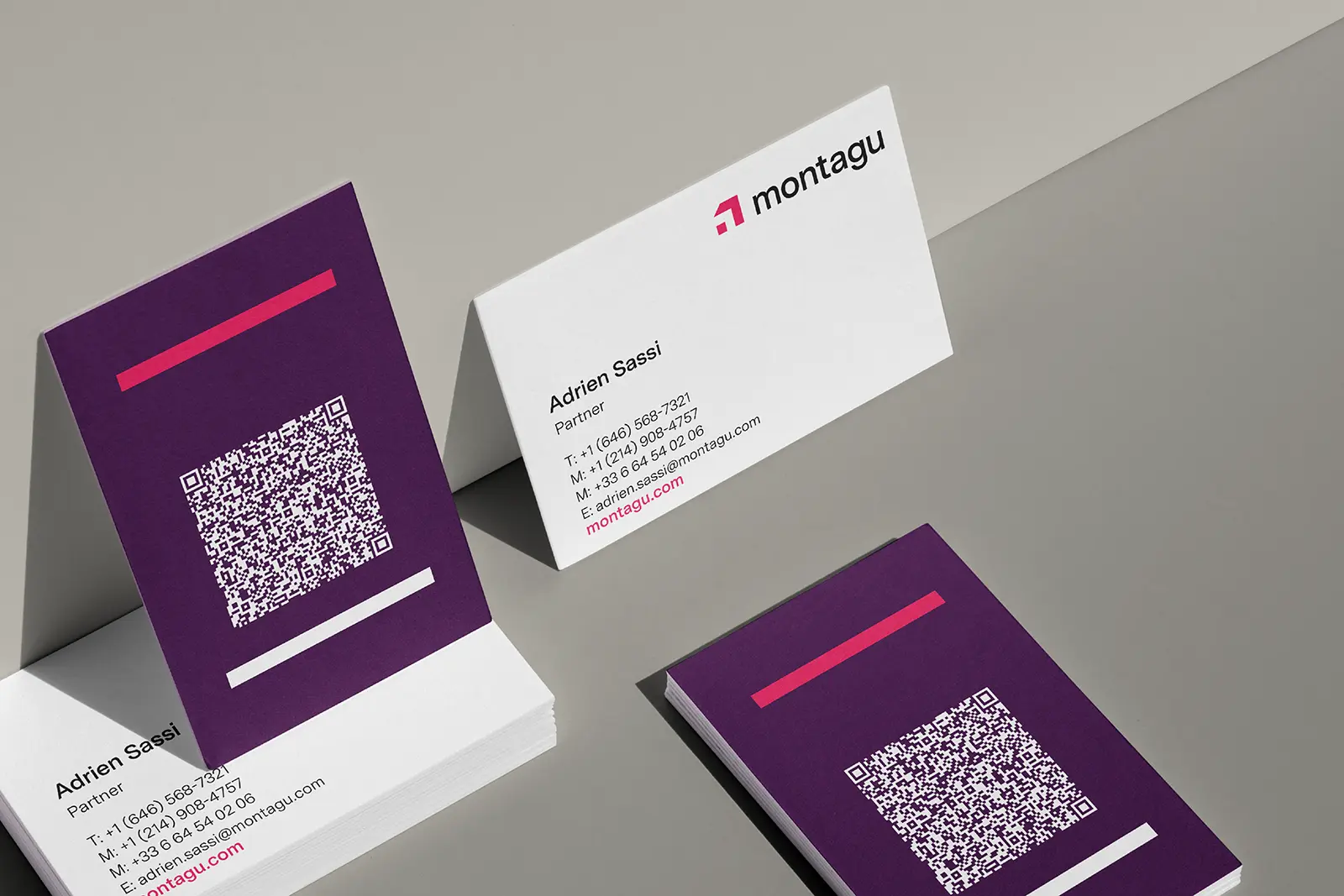 Modern purple and white business cards for Montagu featuring scannable QR codes, printed for our creative clients throughout Brooklyn and the five boroughs.