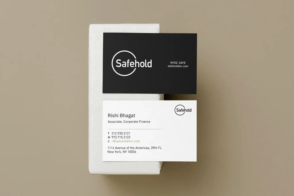 Professional black and white business cards for Safehold with a clean 17pt matte finish, showcasing the dependable NYC turnaround provided by our local studio.