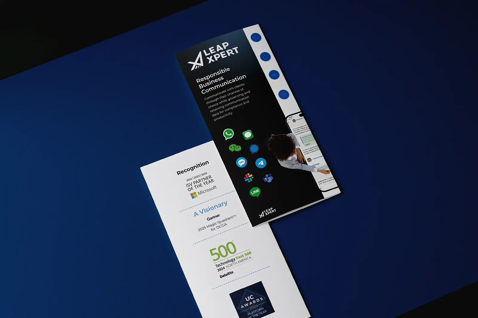 Professional business brochures for LeapXpert featuring high-quality tech branding, custom-made at our Manhattan-based facility for clients throughout the New York area.