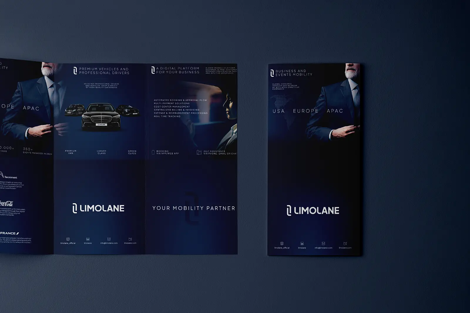 Custom corporate brochures for LimoLane printed on robust 100lb Gloss Cover paper at our New York City print shop, featuring sharp, vibrant color printing for a luxury professional service.