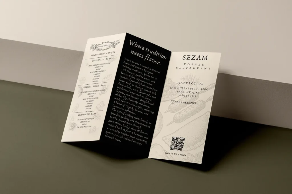 Elegant tri-fold brochures for Sezam Kosher Restaurant showcasing menu details and branding on premium gloss paper, designed for clear and effective service communication.