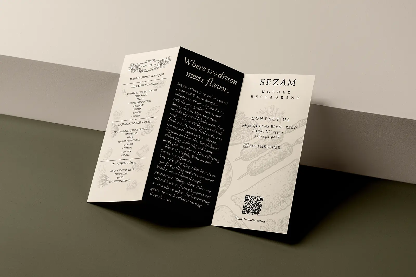 Elegant tri-fold brochures for Sezam Kosher Restaurant showcasing menu details and branding on premium gloss paper, designed for clear and effective service communication.