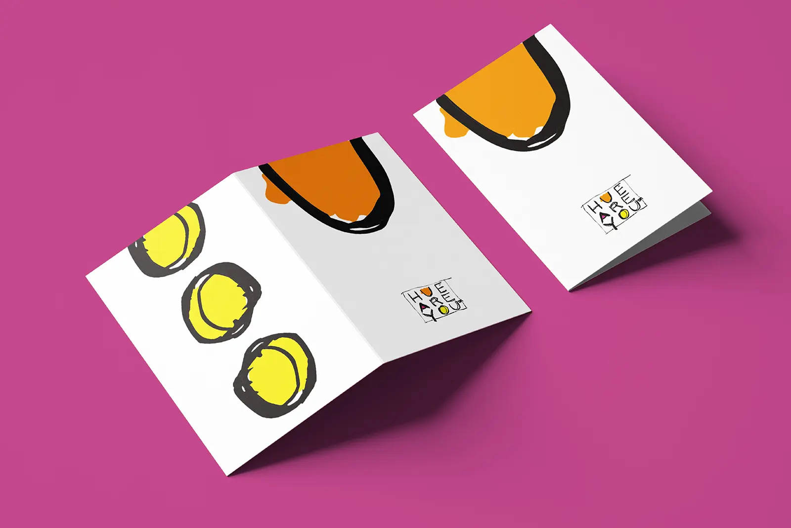 Colorful personalized notecards with bold illustrations, shown in a 4.25 x 5.5 inch folded size on premium matte coated stock, crafted for our creative clients in Brooklyn.
