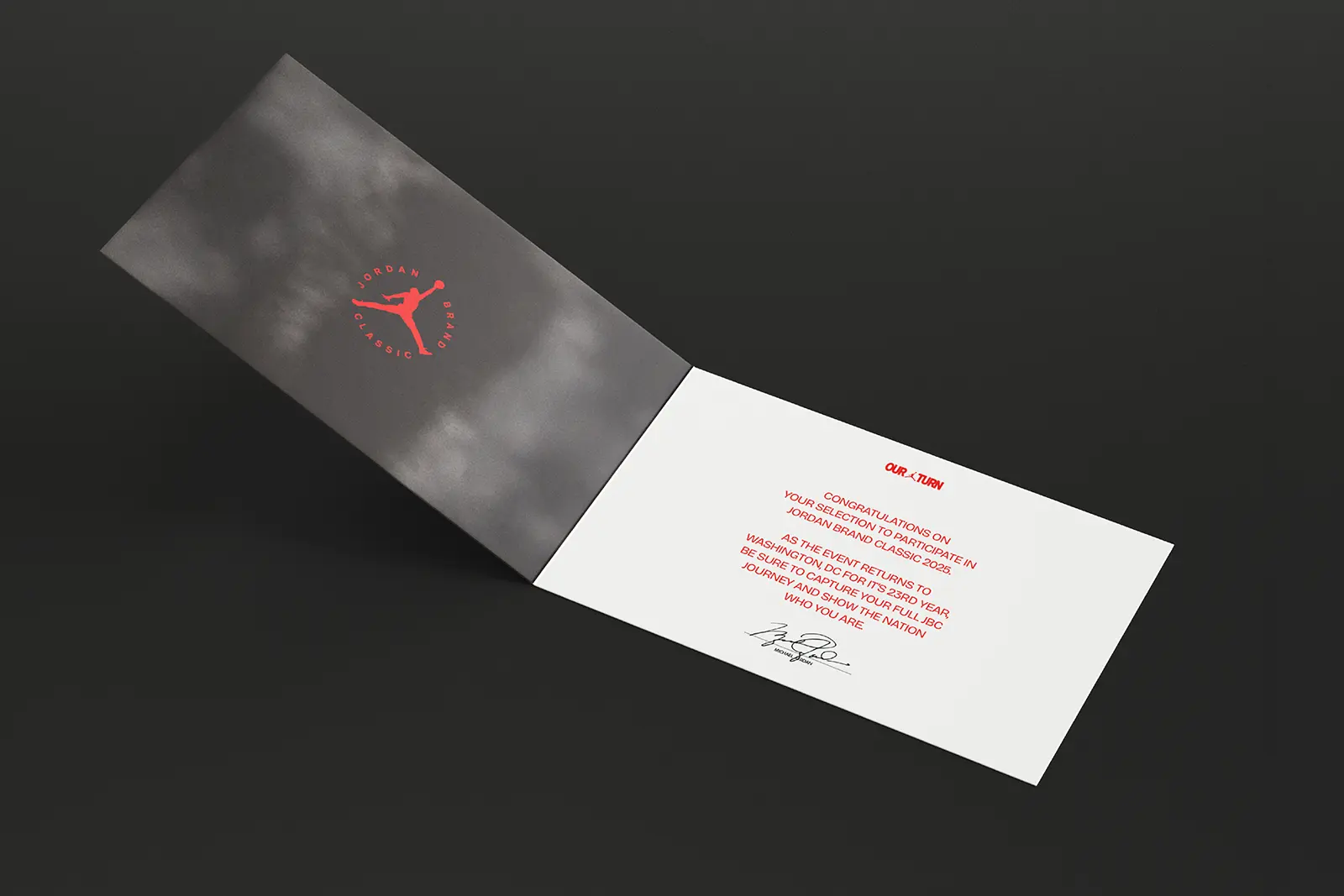Branded folded notecards for the Jordan Classic featuring crisp red typography and a sleek black logo, showcasing the premium quality of our professional NYC-printed event stationery.
