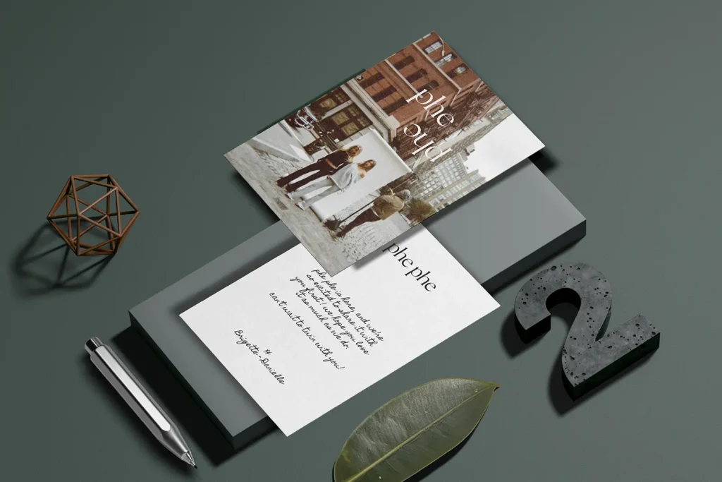 Branded "phe phe" photo postcards printed on 16pt Matte Uncoated (350 GSM) cardstock at our NYC print shop, displayed with a handwritten note to showcase intentional correspondence.