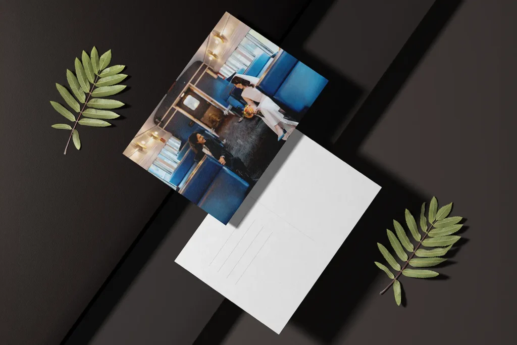 High-fidelity event invitations showing a custom photo front and postcard-style back, printed for our Brooklyn clients looking for sharp-detail imagery and a premium feel.
