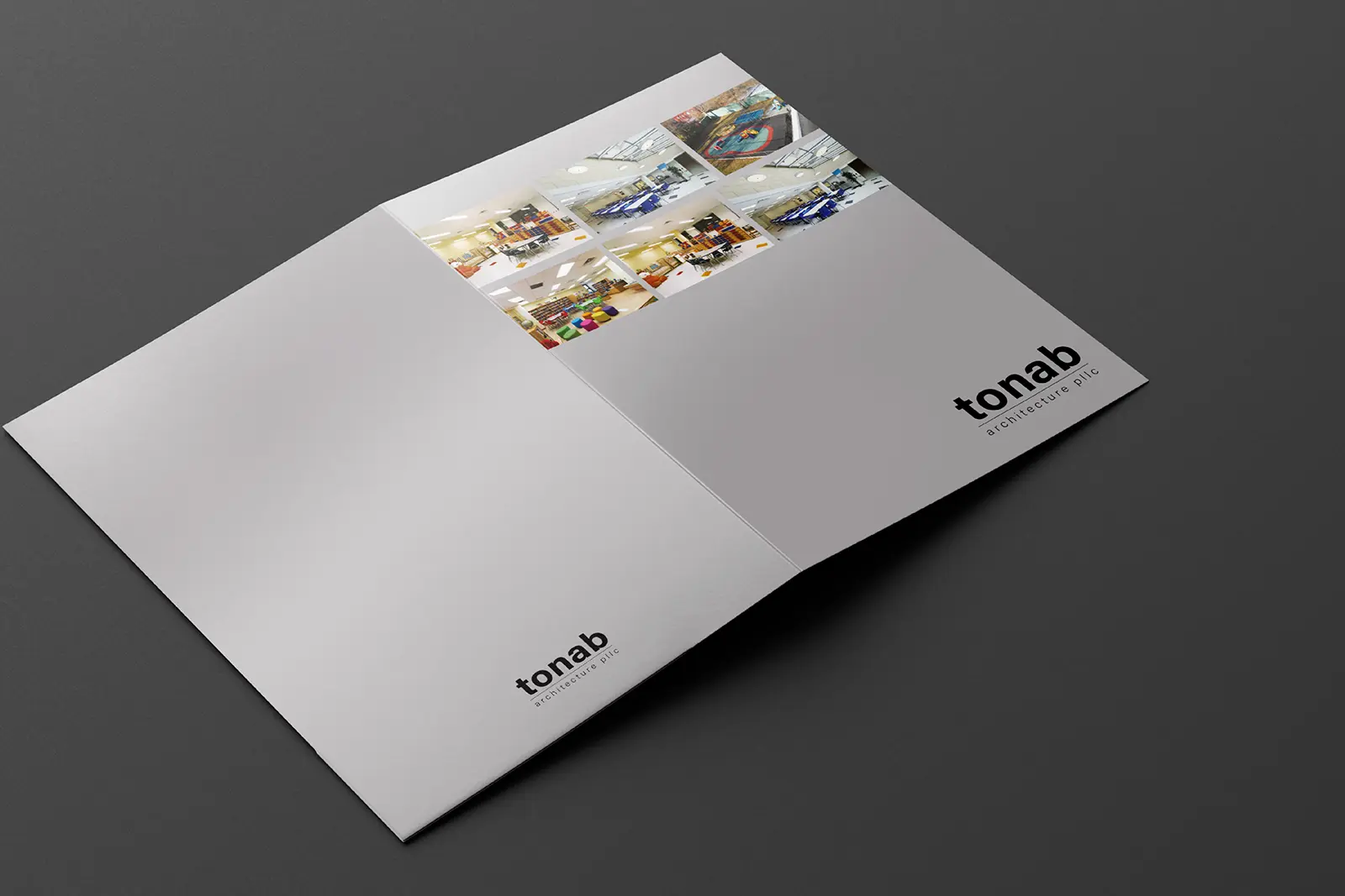 Architectural presentation folders for Tonab Architecture PLLC featuring a high-definition full-color photo grid, locally printed in New York City for a polished, on-brand client hand-off.