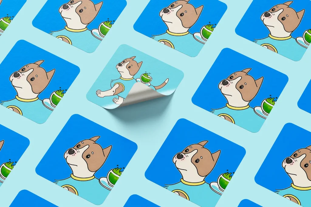 Playful square labels featuring custom dog and tea cup illustrations, professionally printed on premium matte stock for our Brooklyn-based creative partners looking for consistent color.