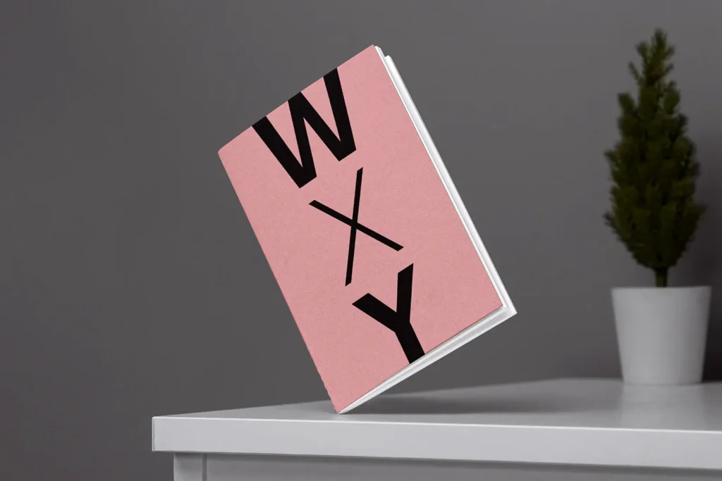Minimalist perfect-bound book design featuring a bold pink and black cover, engineered by our graphic design team in Manhattan and styled on a white architectural ledge.