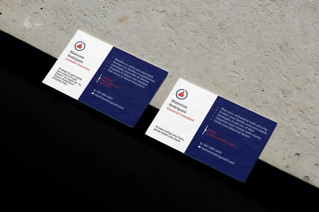 Custom bilingual business cards with red and blue accents, locally printed in NYC for Brooklyn firms expanding into international markets.