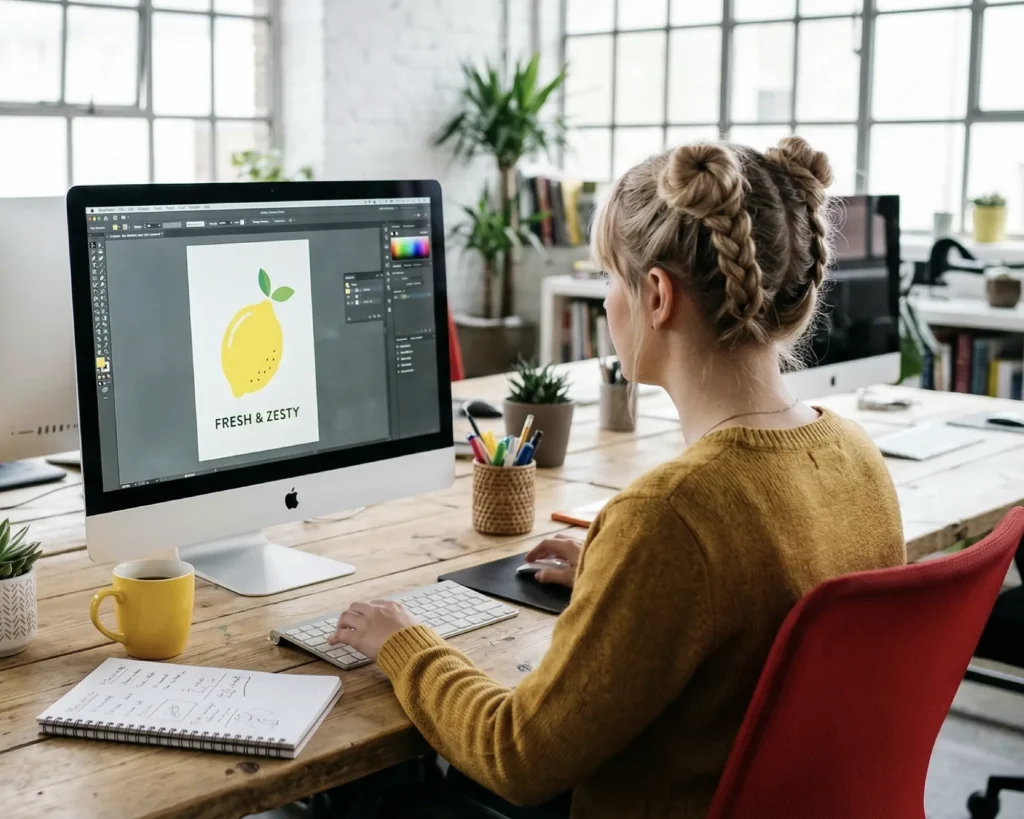 A senior graphic designer in our NYC studio refining a vector logo to ensure technical print perfection across different paper weights and textures.