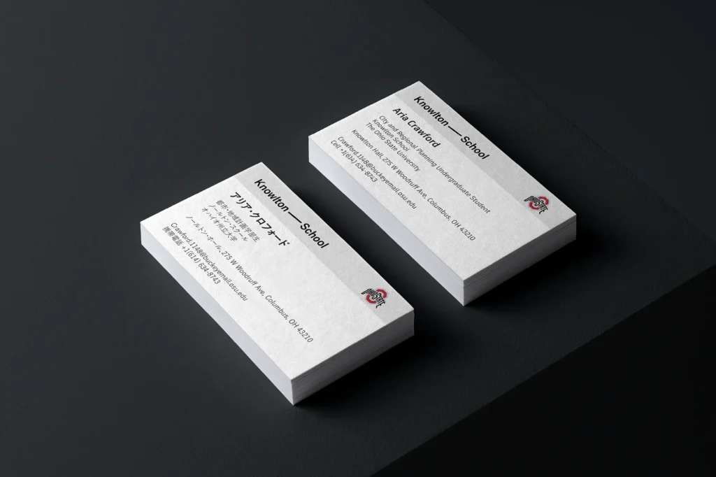 Thick premium 450 GSM bilingual business cards designed, translated and printed at our shop on a dark slate surface.