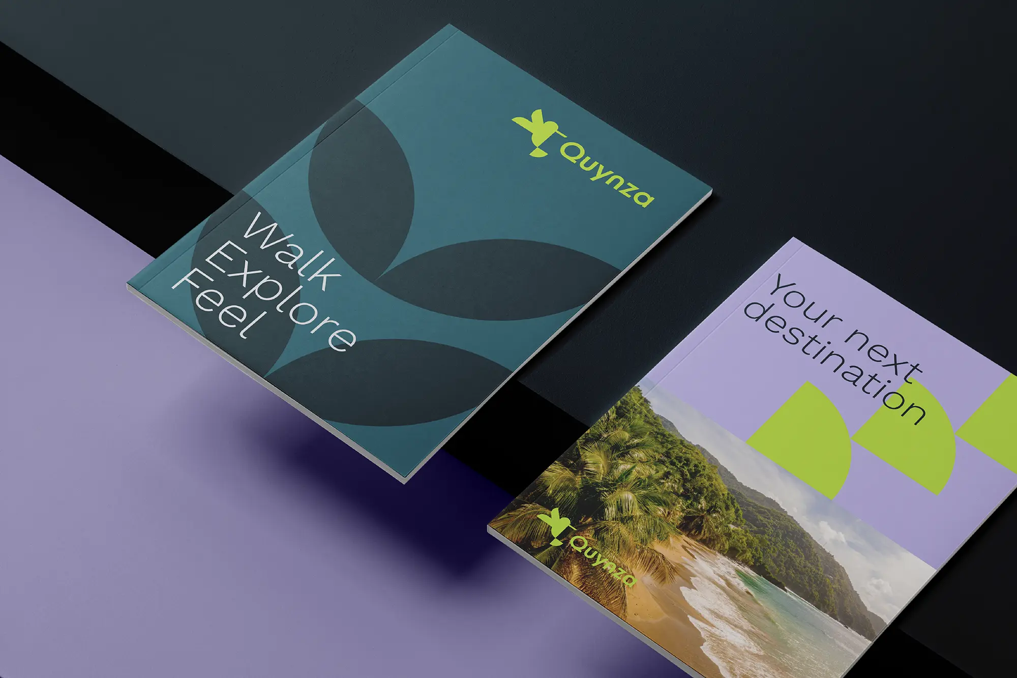 Premium brand brochures featuring a soft-touch matte finish on 350 GSM cardstock, crafted in our NYC studio and styled against a deep purple backdrop.