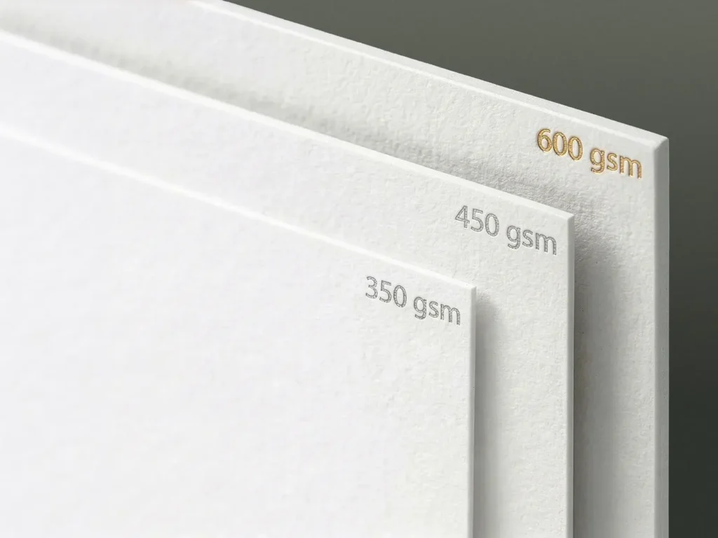 Comparison of standard, premium, and extra-thick business card paper weights—with emphasis on 600 GSM stock—showcasing the range of durable cardstock we offer for our NYC clients.