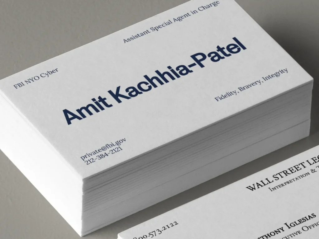Professional business cards featuring crisp navy blue typography on 16pt premium matte cardstock, locally printed at our Manhattan shop for legal and government agencies and shown stacked on a neutral grey tabletop.