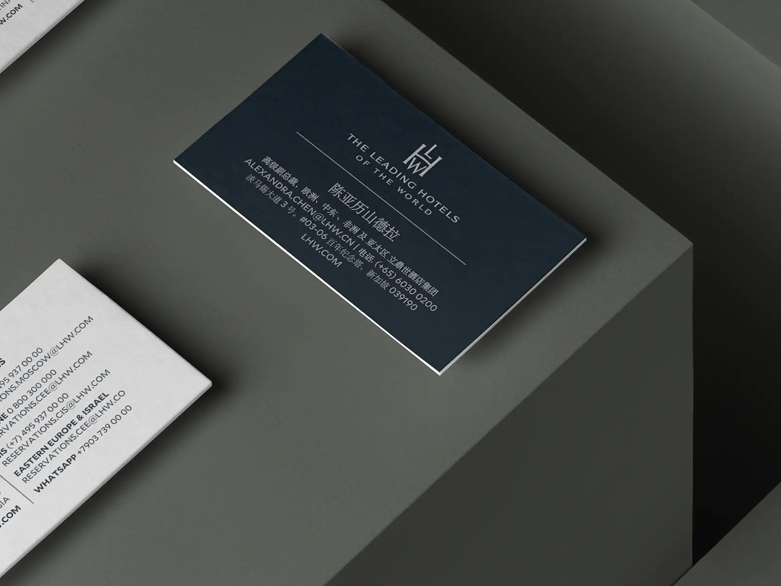 Bespoke corporate stationery and business cards for high-end luxury brands, featuring precision typography on premium white cardstock with a crisp matte finish.