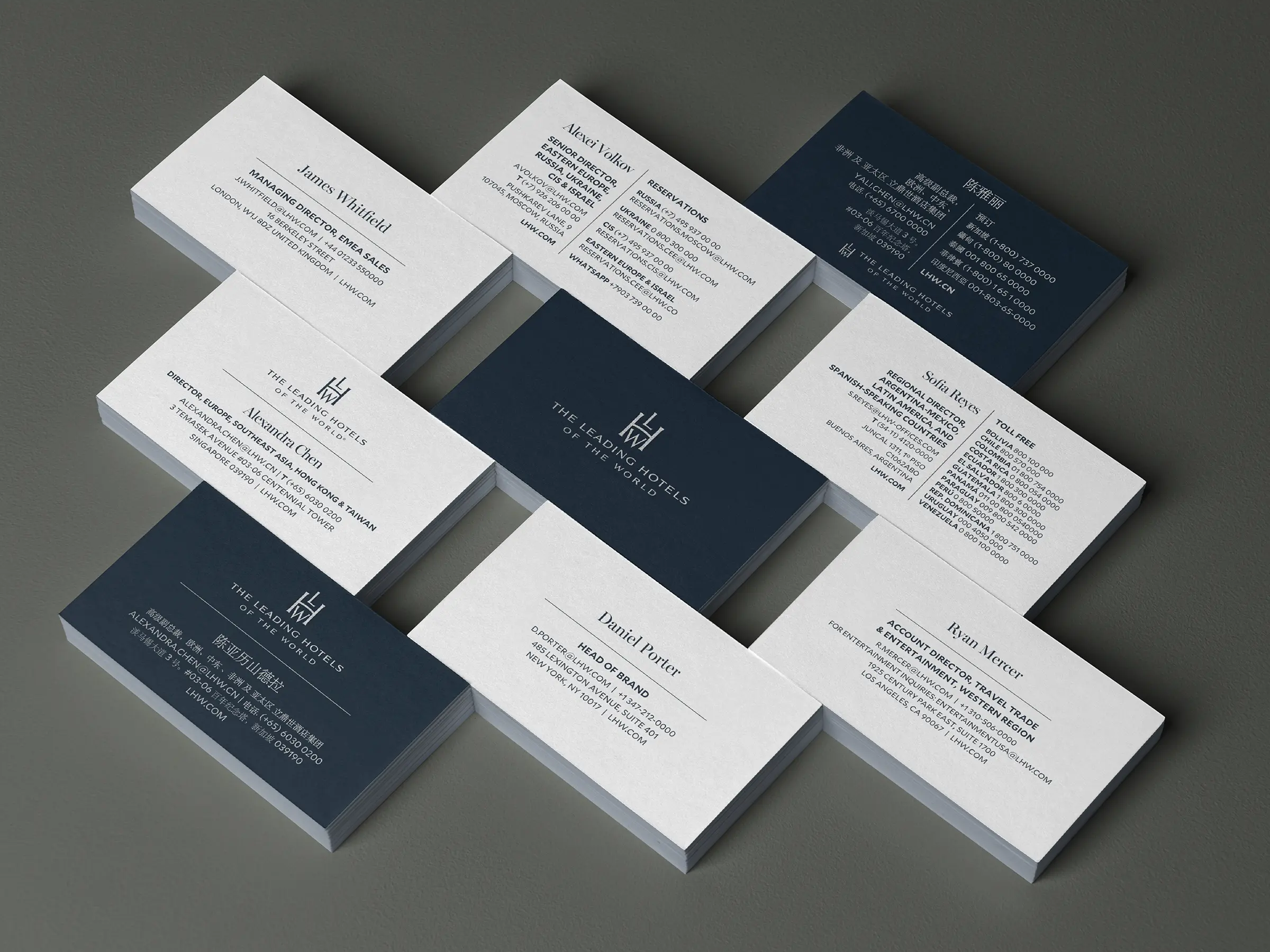 A large collection of corporate business cards for a global hospitality brand, featuring silver foil stamping on 26pt navy soft touch cardstock, produced at our NYC print shop to ensure global brand consistency.
