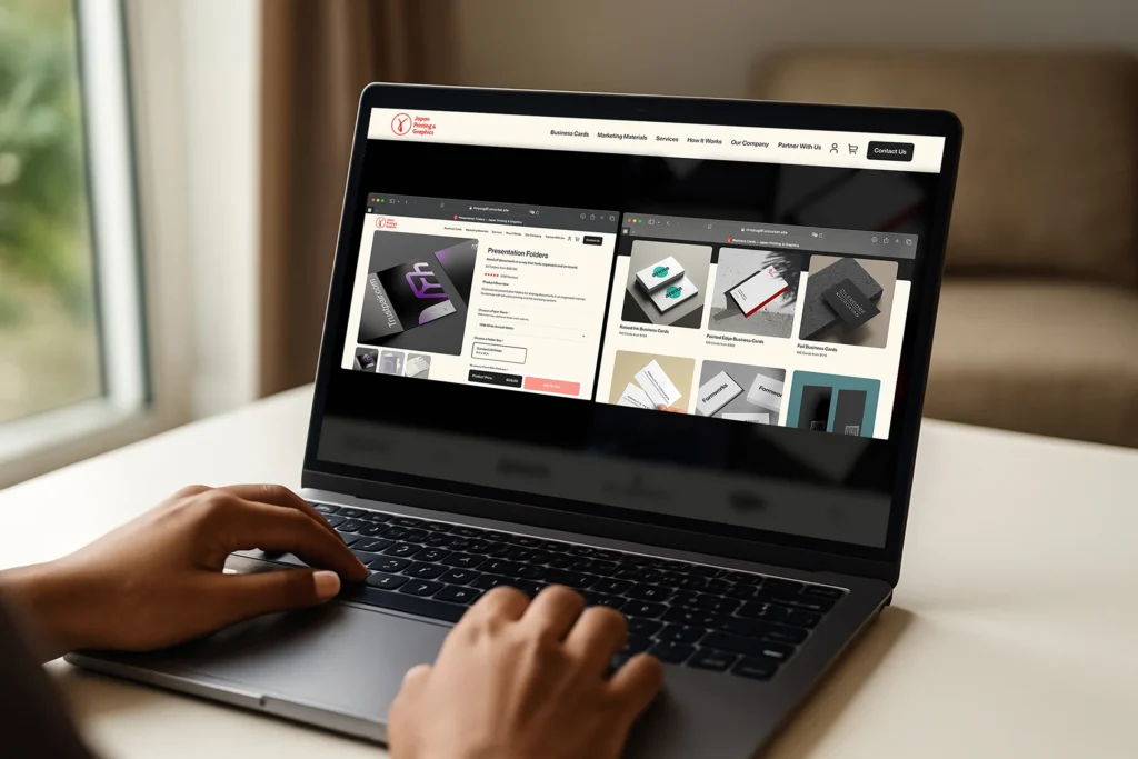 A user browsing our Japan Printing and Graphics website on a laptop shopping custom presentation folders and premium business cards to be printed at our NYC print shop. 