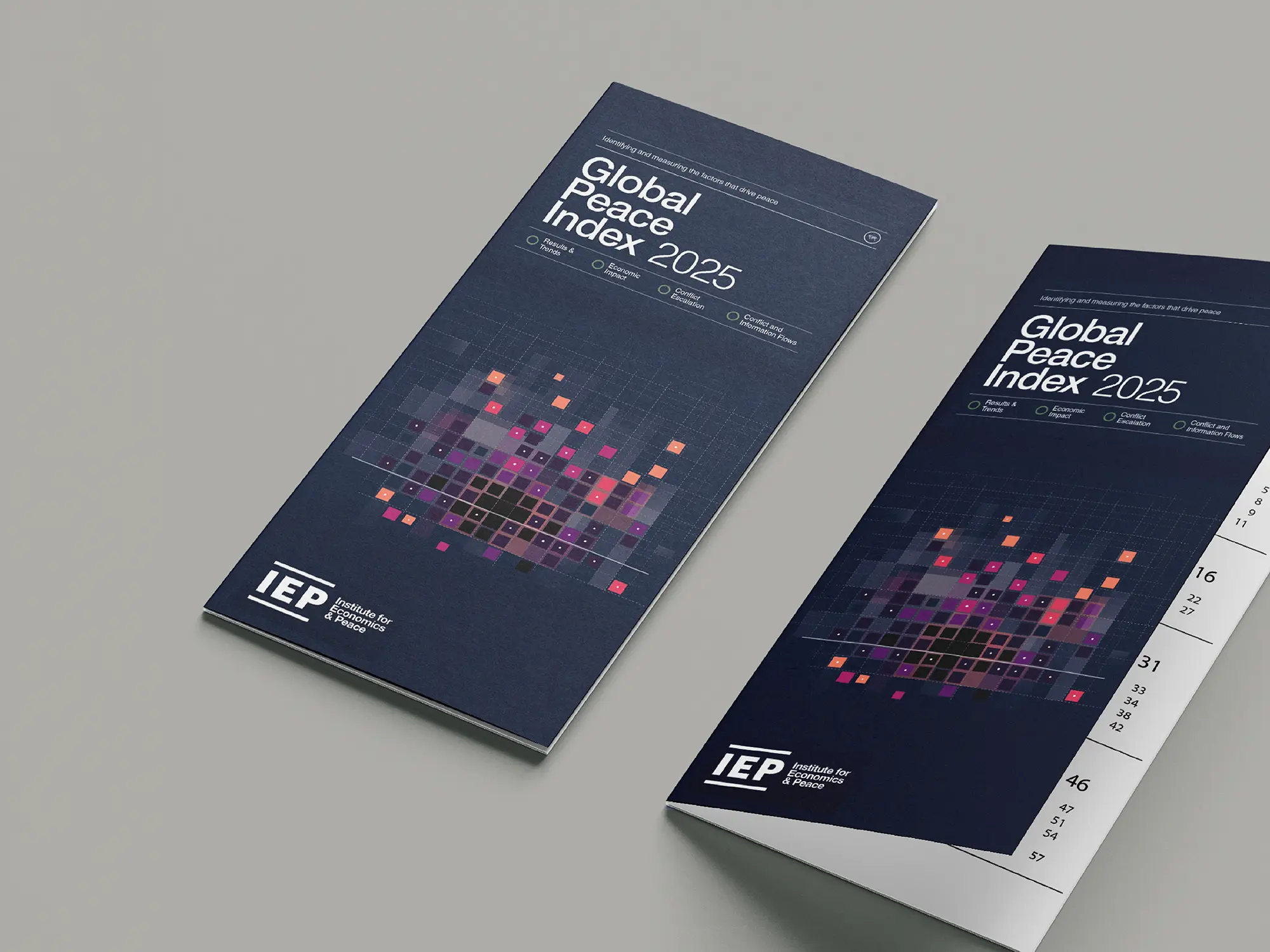 Professional multi-page brochures for the Global Peace Index, featuring high-fidelity color printing on 100lb matte text stock, produced in our studio.